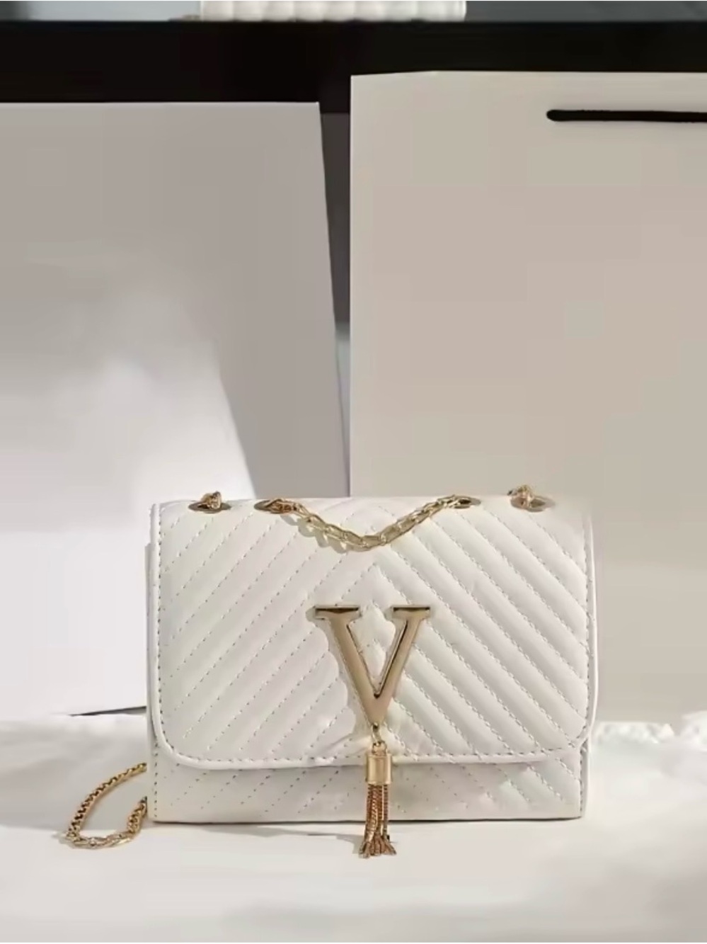 White Quilted Shoulder Mini Purse Bag with Gold V Accent